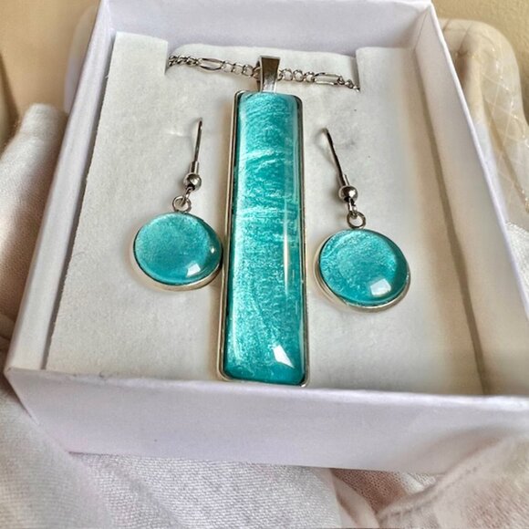 Blue Necklace & Earring Gift Set, Handmade Blue Jewelry, Stainless Steel, Glass - Picture 8 of 9